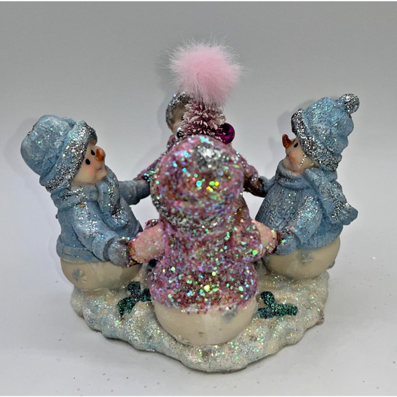 Vintage Four Pastel Pink Blue Snowmen & Pink Bottle Brush Tree Faux Fur OMG OOAK - Picture 11 of 16